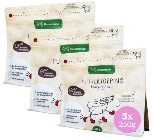 Hunderunde Futtertopping Bewegungsfreude 3 x 250g Gelenkpulver für Hunde | Natürliches Futtertopping zur Unterstützung der Gelenke & Beweglichkeit - Gelenkpulver mit MSM, Hyaluron & Omega 3
