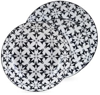 Avilia Service d'assiettes en porcelaine avec motifs blanc et noir – Lot de 18 assiettes creuses, assiettes et desserts – Idéal pour un dîner pour 6 personnes – assiettes résistantes et lavables au