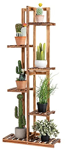 KOMFOTTEU Support de Plantes en Bois de Pin, Étagère à Pot de Fleurs, Porte Plante Intérieur, Design en Escalier, Protection Anti-basculement, pour Balcon, Jardin, Salon (6 Niveaux, 50 x 21 x 124 cm)