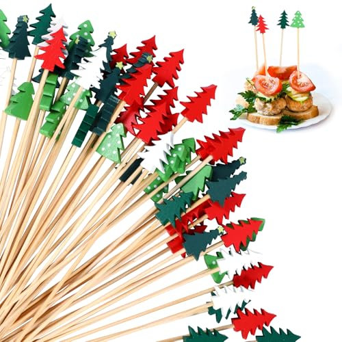 OOTSR 100Stk Weihnachtsbaum Cocktail-Spieße, Bunte Fingerfood Cocktail-Picker, 13cm Bambus-Zahnstocher Partyzubehör Deko, Partyspieße für Vorspeisen Obstspieße Sandwich Cupcakes
