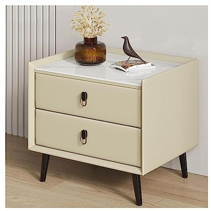 FYDZ Stilvoller nordischer Nachttisch – Marmorplatte, Lederakzent, Stauraum mit 2 Schubladen, quadratisches Holzdesign (Beige)