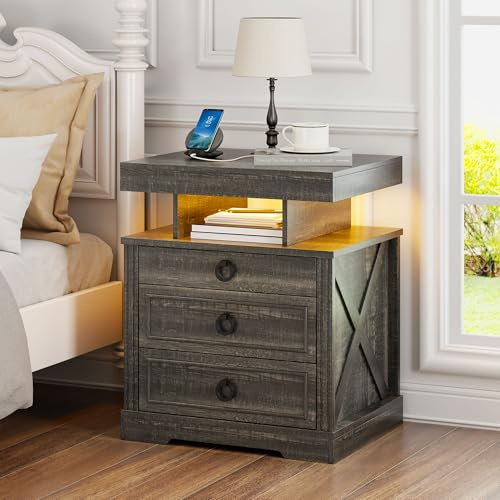 Gurexl LED Bedside Table with Gun Drawer, Charging Bedside Table with USB & Type-C Port, Human Sensor Light, Open Compartment and 2 Drawers Rustic Wood Sofa Side End Table(Rustic Brown)