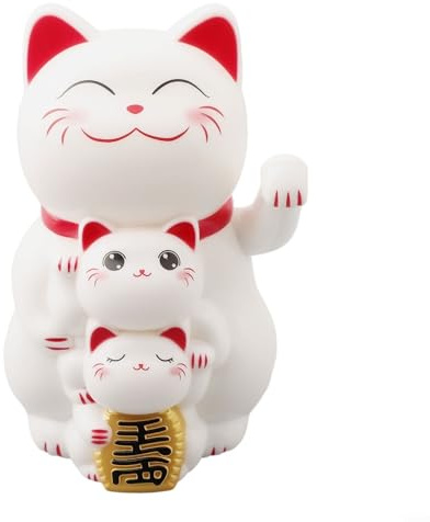 HOHOVYVY Winkekatze solar，Solarbetriebene, automatisch winkende Glückskatze als Kassierer-Ornament für eine dreiköpfige Familie(White)