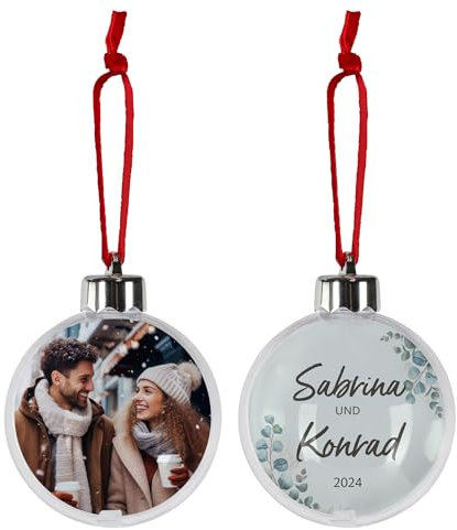 Herz & Heim® Personalisierte Weihnachtskugel mit Foto - fertig gebastelt für Sie (Eukalyptus)