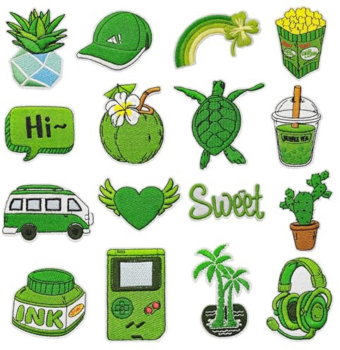 Attuslla 16 Stück Patches zum Aufbügeln, Grüner Stil Flicken Patches Applikation Patch Sticker für Hüte Kleidung Jacken Rucksäcke und DIY Dekorationen