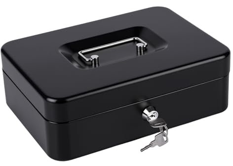 Cash Box with Key, Money Tin Box with Tray, Lockable Money Saving Box for Home, Office and Events, 25 * 18 * 9cm