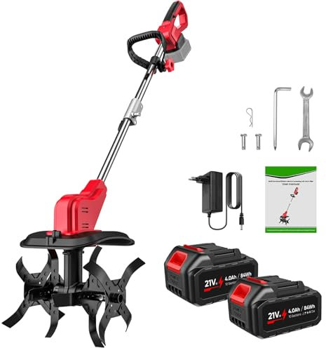 Motoazada Electrica, 21V Motoazada Bateria con 2 x 4.0Ah Bateria, 30 cm de Ancho y 22 cm de Profundidad, Rodillo Doble 4 Cuchillas, Pantalla LED, Velocidad de 300 RPM, Motoazada para Huertos y Patios