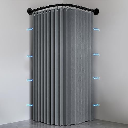 Haoyunll Faltbarer Anti Schimmel Duschvorhang, Grau, 220x200cm | Waschbarer Wasserdichter Eckduschvorhang aus Stoff mit Haken, Magnetische Duschvorhänge für Badezimmer, 150 g/m²