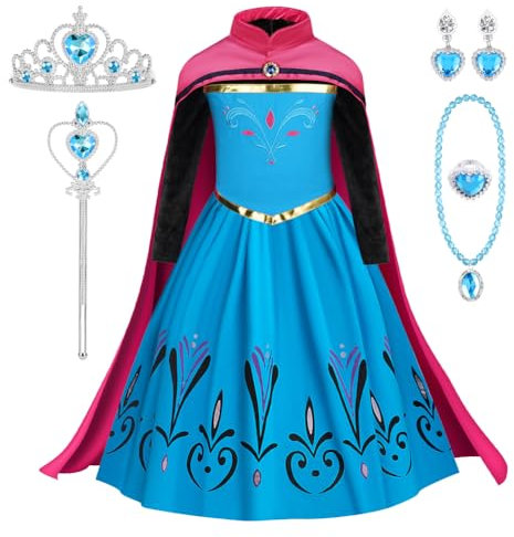 DiULi Anna kostüm Mädchen, Prinzessin Anna Kleid Kostüm mit Cape, Prinzessin Kostüm Mädchen ELSA Kleid für Halloween Karneval Weihnachten Party Verkleidung Prinzessinnenkleid, 110cm