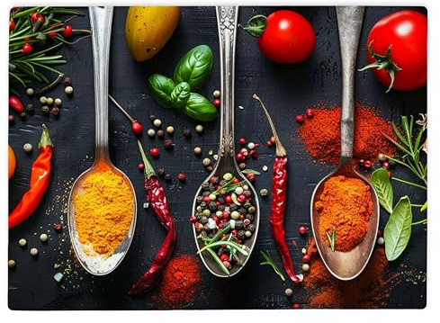 Shopagift Spices Spoon and Vegetables Glass Chopping Board Large Kitchen Worktop Saver 39cm x 28cm