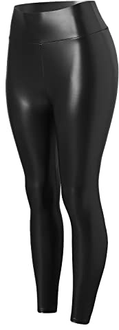 Leggings de piel sintética para mujer, de cintura alta, de piel sintética, látex, color negro, aspecto mojado, sexy, push up, lacado, elásticos, termoleggins, brillantes, para invierno, festivales