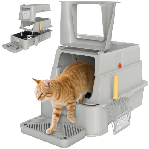 PawHut Arenero para Gatos de Acero Inoxidable XL, Pedal, Gris Claro | Caja de Arena para Gatos, Arenero con Tapa Abatible 180°, Laterales Altos, Pala, sin Olores, Fácil de Limpiar, Antifugas
