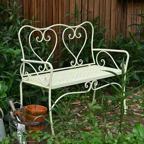 SXKLYRF Gartenbank 2 Sitzer Wetterfest mit Doppelter Herzrückenlehne, Antike Gartenbank Gusseisen für Terrasse, Patio, Eingangsbereich Oder Park(White)