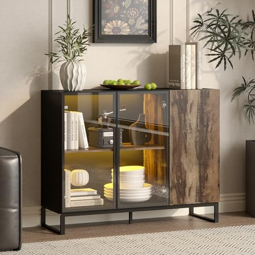 Caldion Vitrinenschrank mit 8-Farbiger LED-Beleuchtung Glasvitrine mit 3 Glastüren für Sammlungen