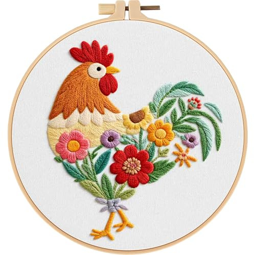 Herdiese Embroidery Kit for Beginners & Adults, Rooster Flower Cross Stitch | Complete beginner embroidery kit with pre-printed cloth, hoop, threads, needles & scissors. Everything to start. Great gift!