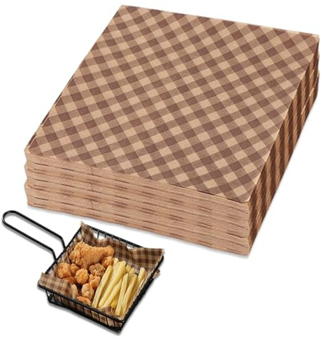 CYMYGS 100 Pcs Greaseproof Paper Sheets, Wax Paper, Brown Wrapping | for Food Basket Liners, Sandwich Wrapping Wraps, Trays(Checkered 7.09x7.09 in )