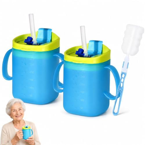 2PCS Elderly Spill Proof Cups, 280ML Unspillable Cup with 2 Handles & Straw | Elderly Drinking Cup with Sponge Brush, Adult Sippy Cups with Scale for Seniors Patients Disabled (Blue)