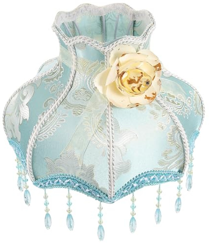 Healeved Vintage Langlebig Lampenschirm aus Perlen Blauen und Stoff mit Fransen Eleganter Romantisch für Tischlampen für Arbeitszimmer und Wohnzimmer