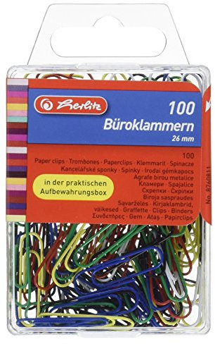 Herlitz Farbig sortierte Metall-Büroklammern, 26mm, 100 Stück in Klarsichtbox