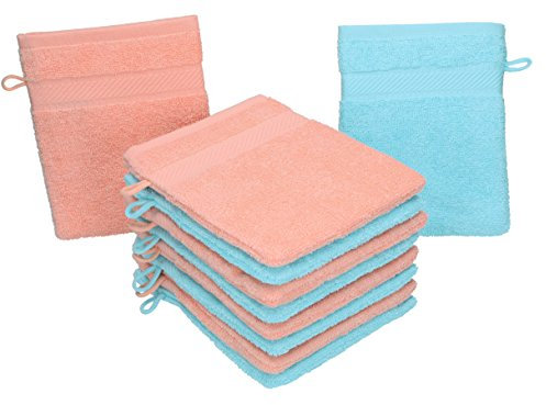 Betz 10 Stück Waschhandschuhe Palermo 100% Baumwolle Waschlappen Set Größe 16x21 cm Farbe türkis und apricot