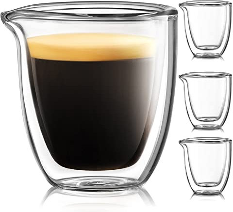 Pouring Espressotassen 4er Set - Glas Espressotasse Schnapsglas mit Ausguss 76.5 g - Doppelte Espressotassen - Kleine Doppio Doppelwandige Klare Espressotasse - Expresso Kaffeetasse - Espresso Zubehör