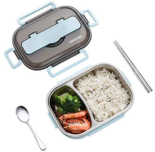 amropi Acero Inoxidable Fiambrera Contenedores de Alimentos Apta para lavavajillas Bento de Comida Caja de Almuerzo con Cuchara(Azul,2 Compartimentos)