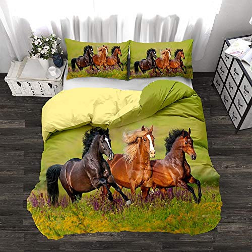 ZZASYN Parure de lit 3 pièces en microfibre imprimée avec housse de couette et taie d'oreiller avec fermeture éclair (cheval F, 220 x 240 cm)