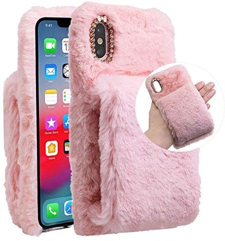 Awenroy Furry Fluffy Case for iPhone SE/5S/5 - Soft, Comfortable, Shockproof with Crystal Bowknot - Pink