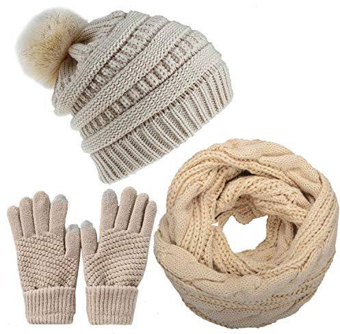 CheChury Damen Kombi Set Schal Mütze Set Loop Schal Gestrickt Beanie Strickmütze Fleece Bommelmütze Pompon Touchscreen-Handschuhe Strick mit Kreis Geschenkset für Frauen,Beige