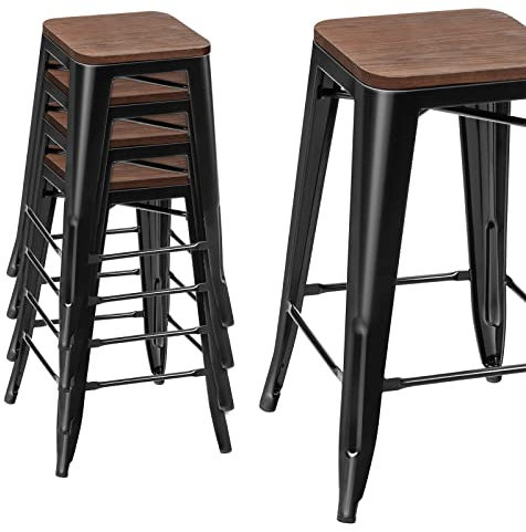 RELAX4LIFE Tabourets de Bar Tolix Empilable Lot de 4 en Métal, Repose-Pied & Siège Bois, Chaise Tolix Tabouret Haut pour Salon Cuisine Bar, Hauteur 64,5CM, Charge 150 KG (Noir, 41x41x64,5 cm)