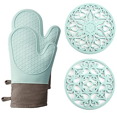 Domonic Home Oven Mitts and Pot Holders Sets, Silicone Heat Resistant 600F, Soft Lining Good Grip, Oven Gloves and Trivet Mats 4 Piece Set, Aqua Sky