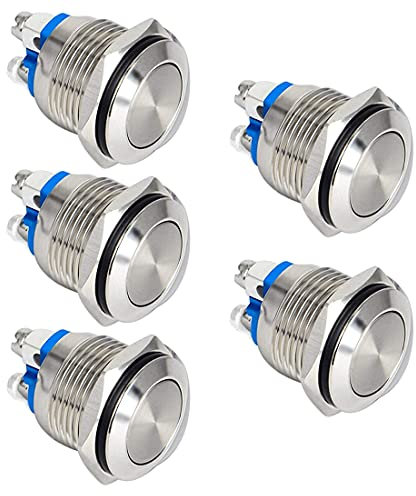 GUUZI 5 pezzi 19mm 2A 12V/24V/125V/250VAC Pulsante Momentaneo Impermeabile con Terminali a Vite Pulsante in Acciaio Inossidabile (Testa Piatta)