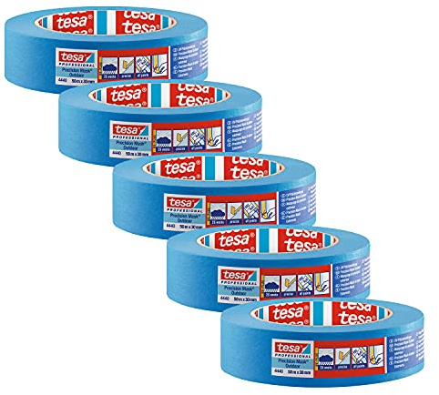 tesa Präzisionskrepp 4440 Außen UV-PLUS - 5er-Pack - Blau - 50 m x 30 mm | Witterungsbeständiger Malerkrepp zum präzisen Abkleben und Abdecken - für anspruchsvolle Malerarbeiten im Außenbereich