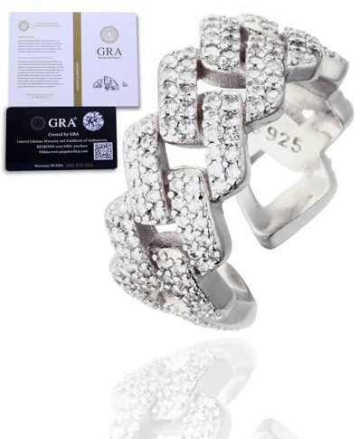 Halukakah Herren-Moissanitring mit Kubanischer Gliederkette, D Color 2,1 ct Gesamt, Platin Plattiertes Sterlingsilber, 2,1 Karat Laborgewachsener Diamant, Verstellbare Größe, für Ehemann, Freund