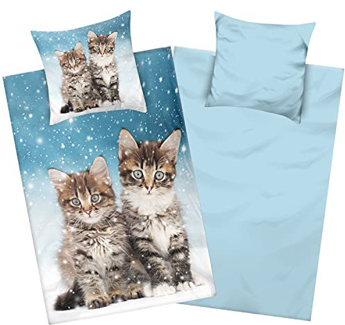 Aminata kids Bettwäsche Katze Biber 135x200 Kinder Baumwolle Katzen-Tier-Motiv, Reißverschluss warm & kuschelig, Flanell-Winter-Bettwäsche-Set - Kater Katzenbettwäsche Tiermotiv Kätzchen