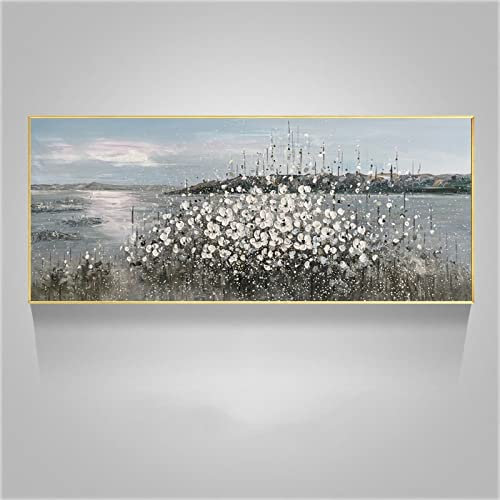 Acrylbilder, Graue Textur Meer Blumen Pflanzen Berglandschaft Moderne Abstrakte Handgemalte Rahmenlose Ölgemälde Auf Leinwand Für Familienwand Wohnzimmer Esszimmer Home Art Decor, 90X180 cm