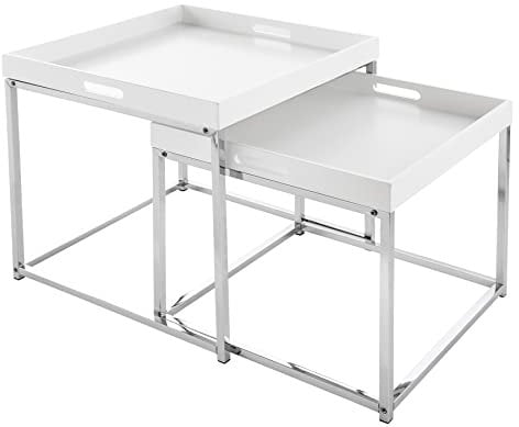 Riess Ambiente Modernes Beistelltisch 2er Set Elements 50cm weiß Chrom abnehmbares Tablett Wohnzimmertisch Tischset Satztische Tische