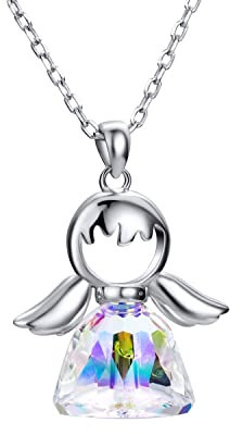 Kette 925 Sterling Silber mit Engel Anhänger für Frauen Damen, Schutzengel Halskette mit Glitzer Kristall Freundschaft Schmuck für Kinder Jugendliche Mädchen Taufe Konfirmation Erstkommunionsgeschenk