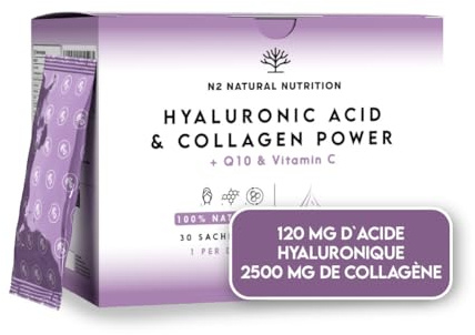 Acido Hialuronico 2500 MG + Colageno + Q10 + Vitamina C. Alta Concentración y Eficacia. Cuidado de Articulaciones, Piel y Huesos. 30 días de tratamiento en sobres solubles. CE. N2 Natural Nutrition