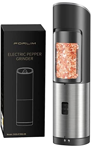 FORLIM Gravity Electric Salt or Pepper Grinder, Battery Operated, Adjustable Coarseness, with Blue LED Light, One Hand Automatic Operation, Stainless Steel, 1 Pack (Black)