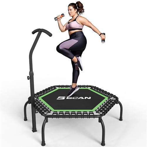 BCAN 50 Mini Trampoline, 550 LBS Fitness Trampoline with T-Adjustable Handle Bar, Bungees, Stable & Quiet Exercise Rebounder for Kids Adults Indoor/Garden Workout-Green