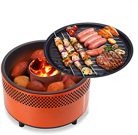 Rauchfreier Holzkohlegrill, tragbarer Grill mit Ventilator für schnelle Wärme, Outdoor, Indoor, Tischplatte, kleiner Holzkohlegrill, antihaftbeschichtet, runder Grill für Camping, Picknick, Party