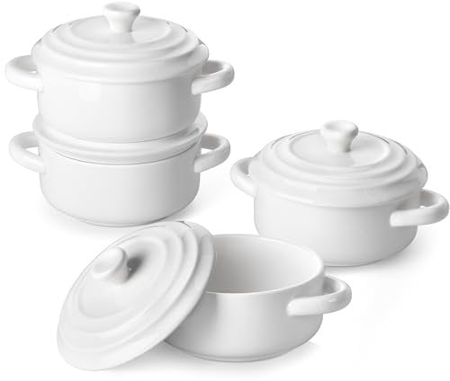 MALACASA Casserole Dishes for the Oven, 440ML 4.8 Small Porcelain Ramekins with Handle and Lid, White Mini Cocotte of 4, Ceramic Dutch Oven Set for Lasagna, Soufflé, Soup, Oven Proof Bakeware