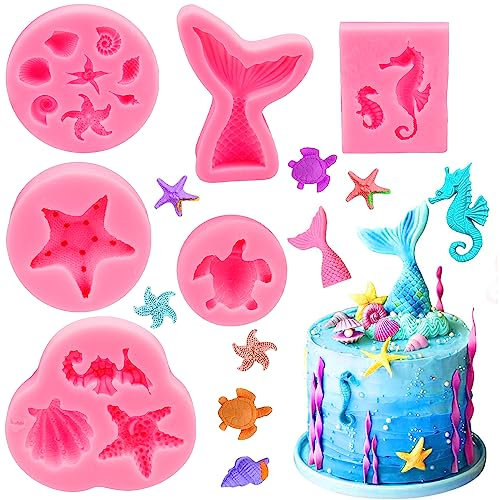 JINXIAN 6 stück Silikonform Meerjungfrau Fondantform 3D Ozean Tier Backform Set DIY Fondantdecke Backform Muschelform Seestern Seepferdchen Ozean Silikon Backform für SüßIgkeiten Kuchenform
