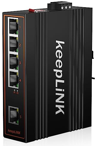 keepLiNK Switch Poe per Rete Industriale Non Gestita a 5 Porte, Switch su Guida DIN Fast Ethernet da 125 W, Intervallo di Temperatura Operativa IP40 da -30° a 75°C (da -22° a 167°F)