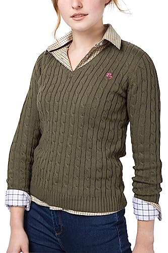 Ladies V Neck Cable Knit Jumper Womens Chunky Knitted Jumper Pullover Sweater (UK, Numeric, 10, Regular, Regular, Khaki)