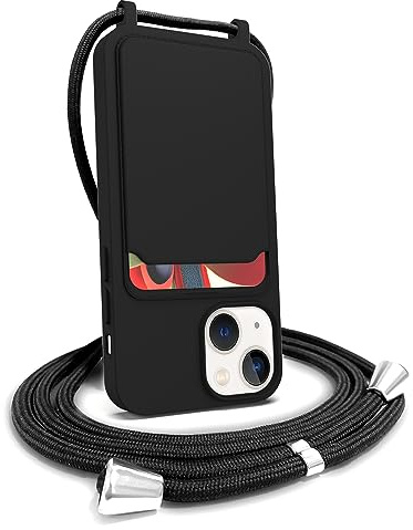 FOQENCCI for iPhone 14 Crossbody Phone Case with Card Holder, Liquid Silicone Slim Shockproof Bumper Protective Phone Cover Wallet Case with Adjustable Black Lanyard Strap