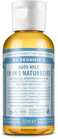 Dr. Bronners 18-IN-1 Naturseife | Organic Flüssigseife | Baby Mild ohne Duft | Duschgel, Handseife, Shampoo und vieles mehr | Mit Bio Ölen | Fair Trade | 60 ml