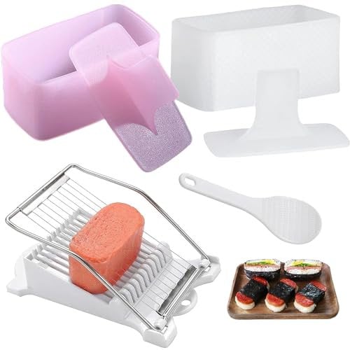 Spam Musubi Mold, 4 Pcs Musubi Maker Kit Spam Slicer Musubi Press Sushi Rice Onigiri Mold Set Egg Cutter for Luncheon Meat Hot Dog Cheese Strawberry Lunch Bento