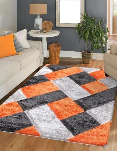 3D Shaggy Rugs Modern Geometric Design Large Area Rugs for Living Room Bedroom Thick Fluffy Floor Mats Small Door Mat (Orange, 160 x 230 cm)